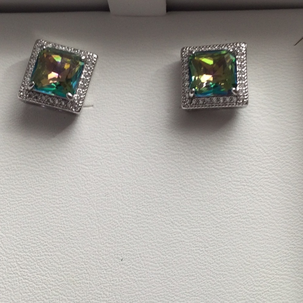 Iridescent Green Square Crystal Stud Earrings in Silver-Tone
